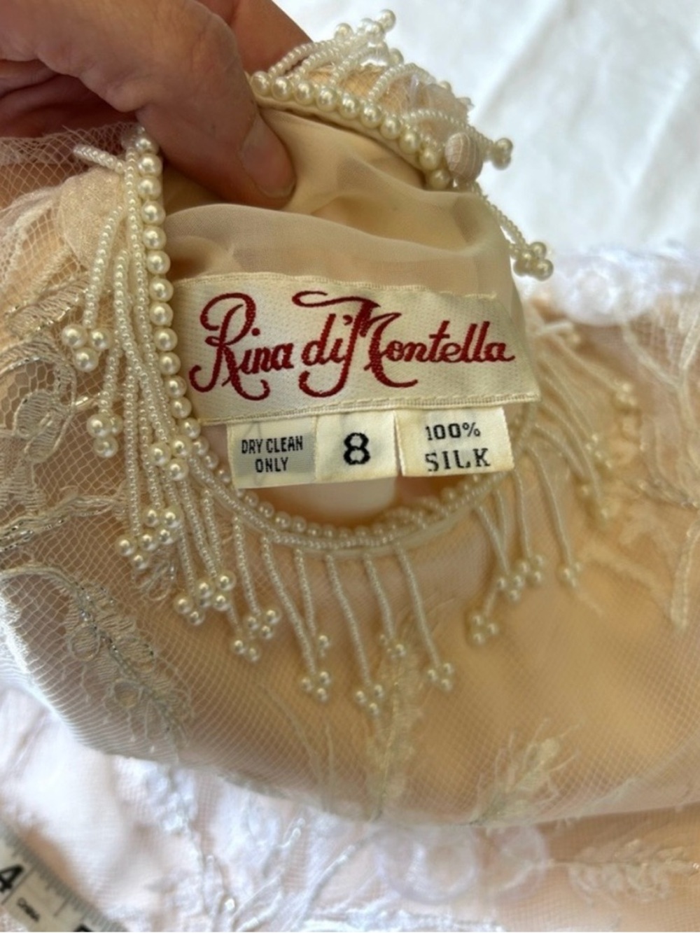Vintage Rina di Montella Silk Lace Beaded Dress Size 8 Ivory Blush Formal Gown - Picture 11 of 11